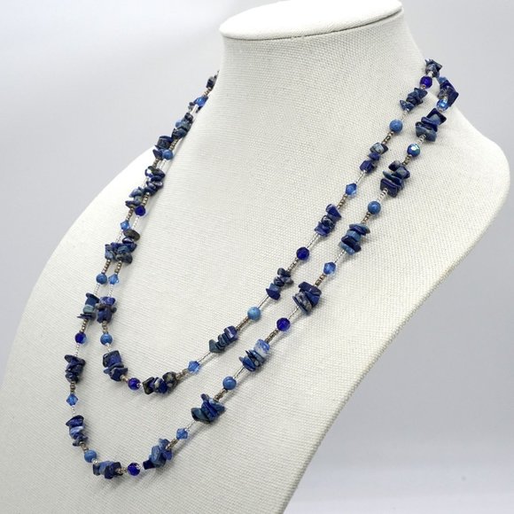 Necklace set with Lapis Lazuli chips and Lapis beads. Xtra long. - Picture 7 of 8